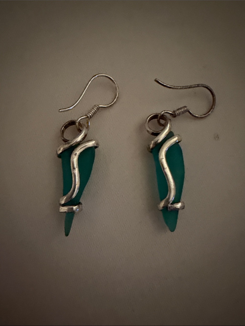 Silver-Tone Wrapped Teal Sea Glass Drop Earrings